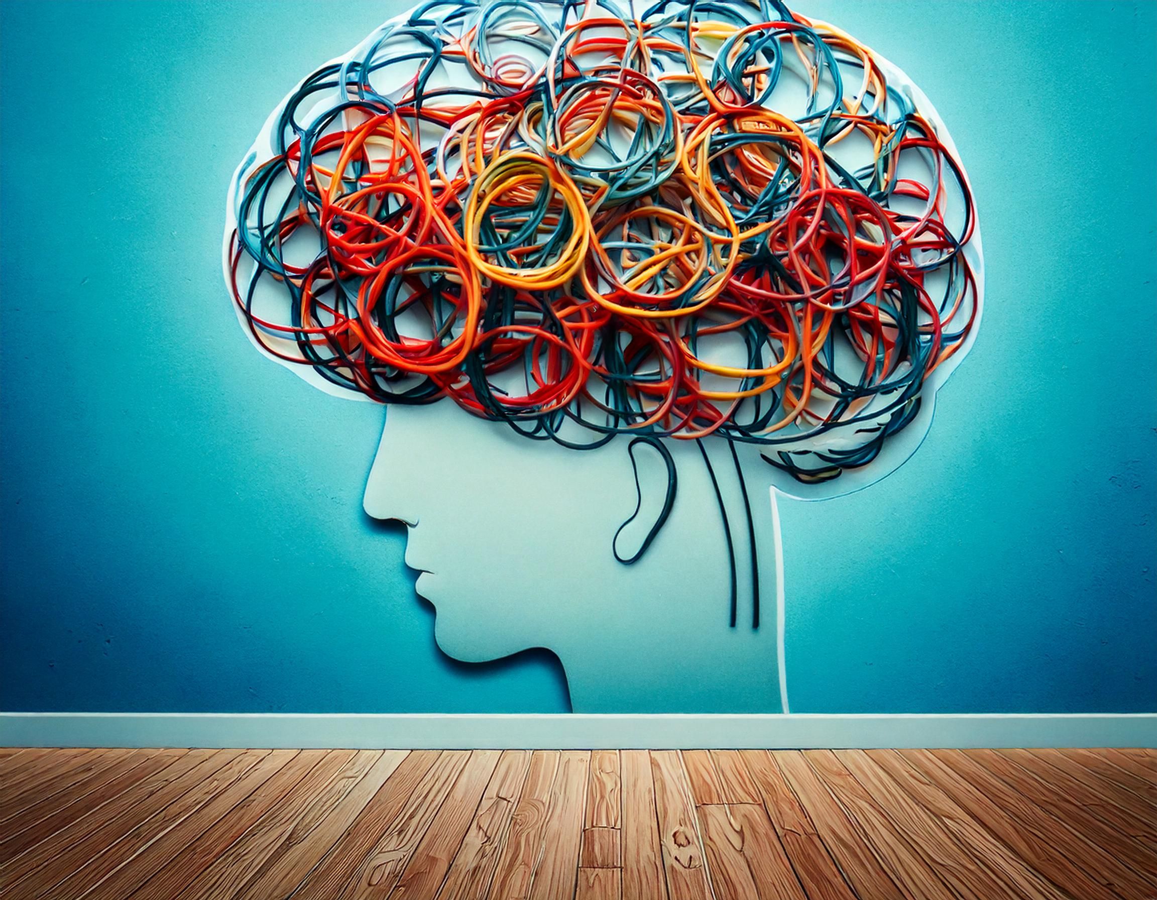 Firefly brain filled with rubber bands conveying the idea of brain neuroplasticity; some of the rubb.jpg
